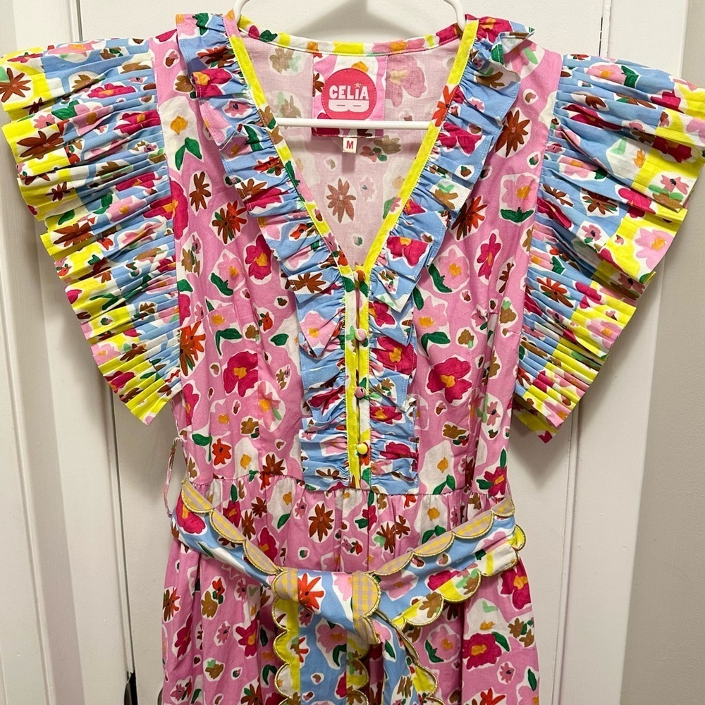 Celia B Topaz Midi Dress M Tiered Belted Flutter Slv Vibrant Colorful Party Fun - Picture 4 of 11
